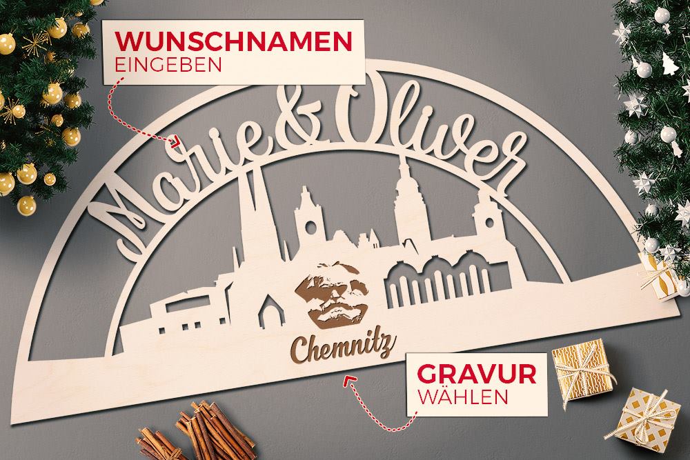 Chemnitz Schwibbogen mit Wuschnamen & Ortsgravur